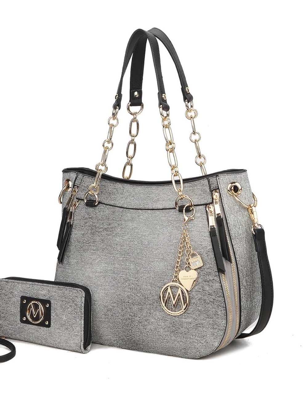 MKF Collection Mia K Silver Tote Handbag & Wristlet 2Pc Set New